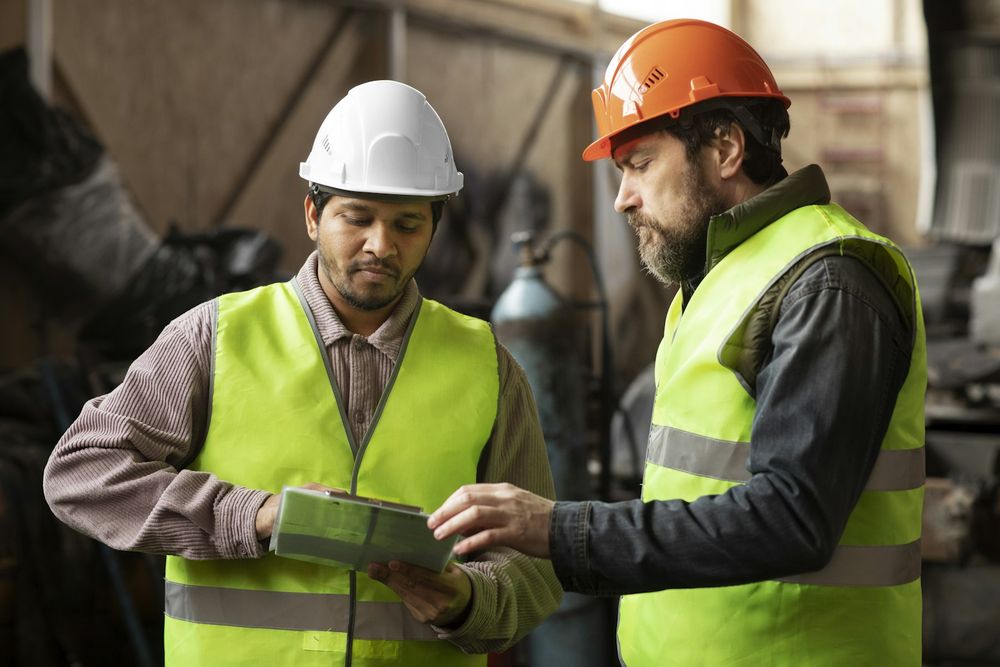 Dois trabalhadores de capacete e colete refletivo conferindo informações em uma prancheta