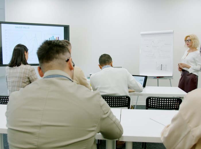 Treinamento em sala com equipe assistindo apresentação